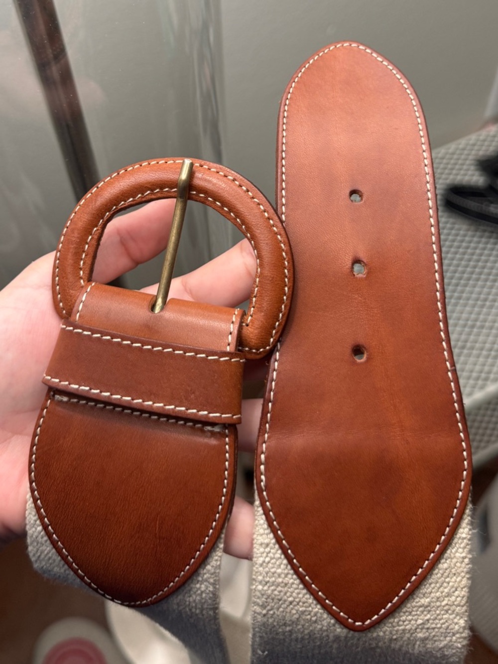 80s Vintage Italian Made Laura Ashley Genuine Leather Cognac Buckle Cotton Belt